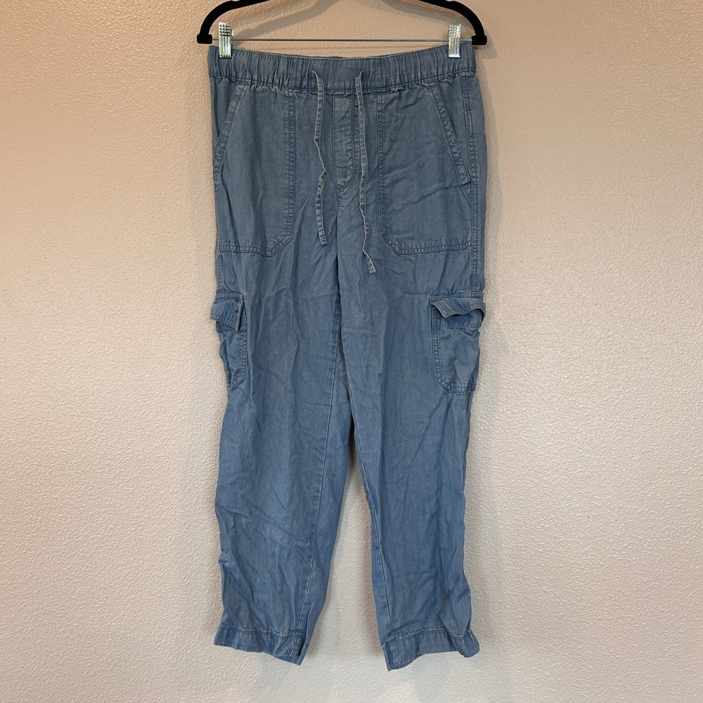 Gap Easy Pant Womens Small Light Blue Lyocell Chambray Cargo Joggers Drawstring